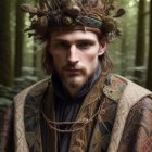 Royal man in elaborate attire with leaf-adorned crown poses in forest