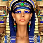 Detailed Ancient Egyptian Queen Portrait with Golden Headdress & Hieroglyphic Background