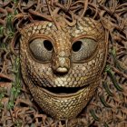 Surreal face with hollow eyes, vines, feathers, and ornate patterns