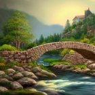 Tranquil landscape with stone bridge, river, mountains, and sunlight.