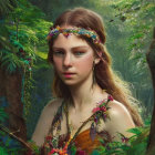 Woman with floral crown and necklaces in misty forest, thoughtful expression