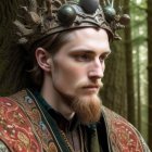 Regal man with crown, mustache, beard, and embroidered cloak in forest setting