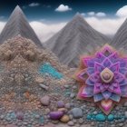 Surreal landscape with sharp mountain peaks, symmetrical temples, mandala, and billowing clouds