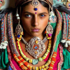 Colorful Tribal Jewelry Adorned Woman Gazing Intently