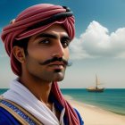 Man with mustache in red turban on beach with sailing ship