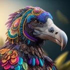 Colorful Creature with Dinosaur-Like Head and Iridescent Feathers