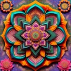 Colorful Symmetrical Digital Mandala with Floral Accents in Orange, Purple, and Teal