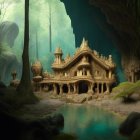 Enchanting forest with whimsical houses and glowing windows