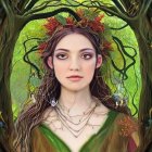 Mystical woman in floral crown and ornate armor with green dress and golden pendant