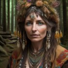 Woman in tribal attire with feathered headdress and jewelry in forest.