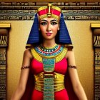 Illustrated portrait of a woman as an ancient Egyptian queen with traditional attire and hieroglyphic backdrop