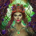 Young woman with red hair in jeweled headpiece in mystical forest setting