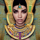 Portrait of a woman styled as Egyptian pharaoh with headdress and jewelry