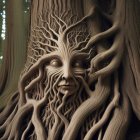 Detailed artwork: Tranquil face merged with tree roots and leafy pattern