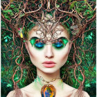 Surreal portrait of a woman with greenery, branches, birds, and cosmic eyes reflecting planets