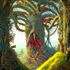 Vivid painting of a fantastical tree with hidden face and luminous backdrop