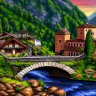 Medieval village with stone houses, arched bridge, river, cliffs, and lush greenery at