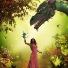 Woman with glowing crystal staff confronts green dragon in mystical forest