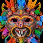 Colorful Feathered Mask with Fearsome Face and Horns