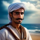 Traditional attire man in white turban gazes at sea and sky