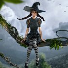 Fantasy female character in dark dress and green hat in mystical forest setting