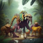 Whimsical jungle scene with mystical creatures and glowing plants