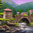 Stone bridge, thatched cottages, tower in lush green hills