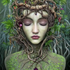 Surreal portrait of woman with ornate headpiece on green backdrop