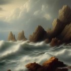 Stormy Seascape with Towering Rock Formations and Lightning Strikess