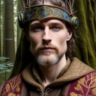 Bearded man in medieval crown and regal attire in forest setting