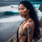 Elaborately tattooed woman in intense gaze against stormy seascape