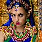 Digital artwork featuring woman adorned with gold jewelry and colorful beads against ornate backdrop