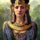 Detailed portrait of woman styled as Ancient Egyptian with elaborate headdress, jewelry, and traditional motifs.