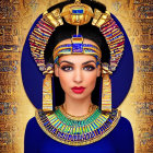 Woman in Ancient Egyptian attire with regal aura among golden hieroglyphics