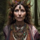 Woman in ornate tribal attire with feathered headdress in lush forest