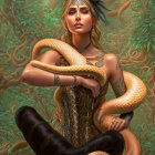 Photorealistic artwork of woman with long hair, butterfly, and snake in forest