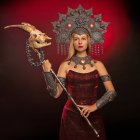 Elaborate fantasy garb woman with skull staff and ornate headpiece on red backdrop