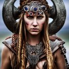 Braided hair woman in ornate helmet and armor with jewels against cloudy sky