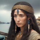 Traditional jewelry woman with ornate headband and braided hair by stormy skies.