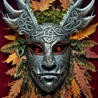 Fantasy portrait of creature with ornate headgear, metallic skin, and plant motifs