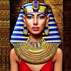 Illustration of Egyptian queen with golden headdress and hieroglyphs