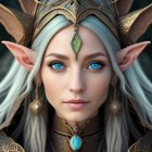 Digital artwork: Elf with blue eyes, pointy ears, gold headpiece & green gem.