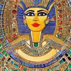 Detailed portrayal of woman in ancient Egyptian royal attire with headdress and jewelry