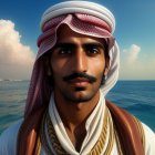 Man with Mustache in White and Red Keffiyeh by Serene Sea