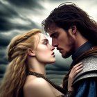 Medieval-themed digital artwork of a couple in romantic pose under dramatic sky