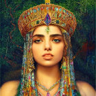 Portrait of Woman with Golden Headdress and Gemstones in Lush Setting