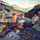 European-style village painting: Colorful houses, stone bridge, boat, hills