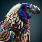 Colorful creature with iridescent scales and vibrant feathers posing elegantly