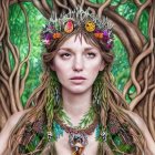 Fantastical female figure in ornate crown and golden armor with mystical green aura and forest backdrop.