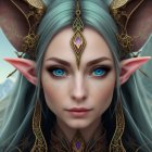 Fantasy elf illustration with turquoise hair and elaborate gold head jewelry